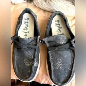 Gypsy jazz. Glittery black slip on shoes. Ladies 6 used condition.
